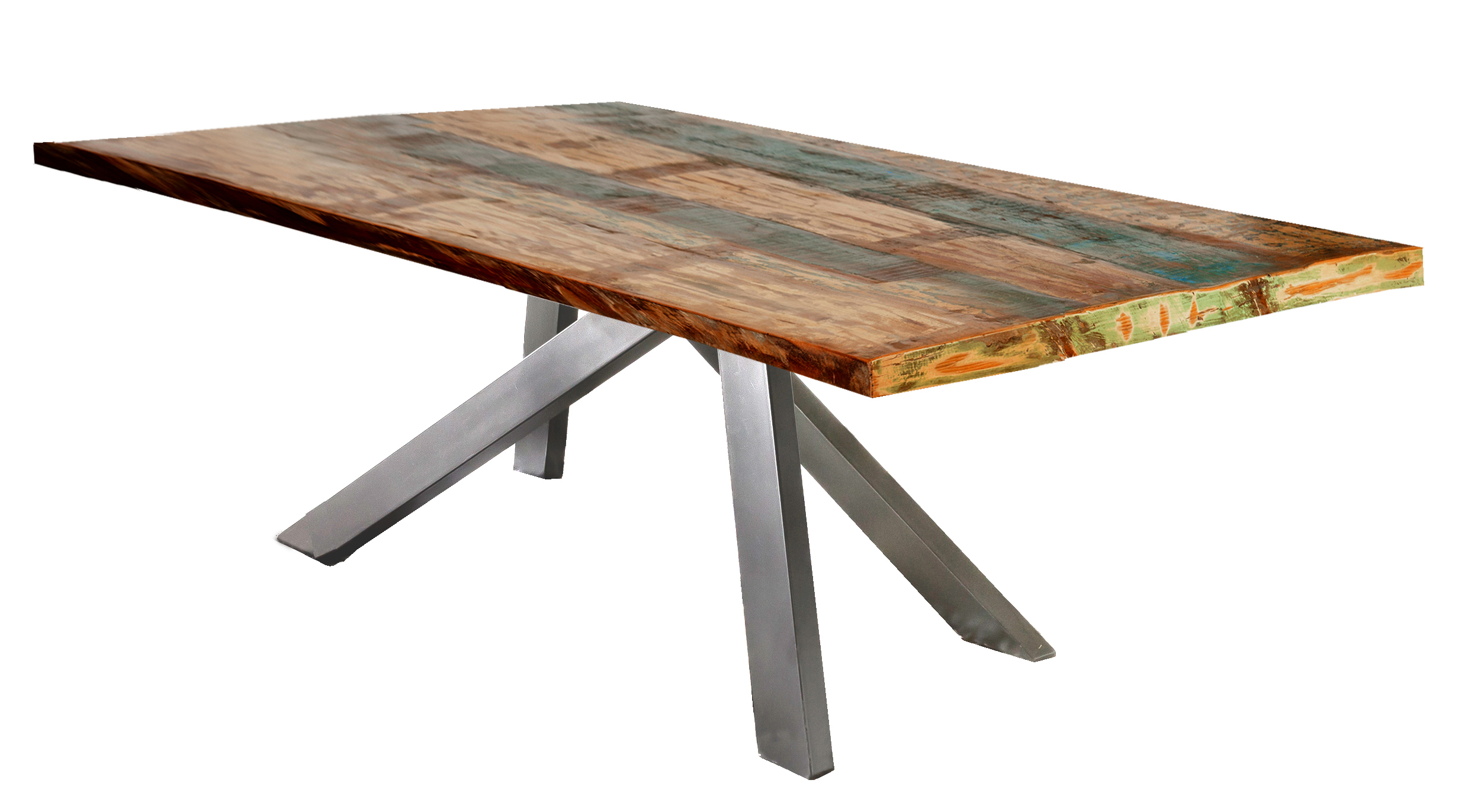 SIT Möbel TABLES & CO Tisch 160x85 cm Platte buntes Altholz, 4 silberne, asymmetrische Beine