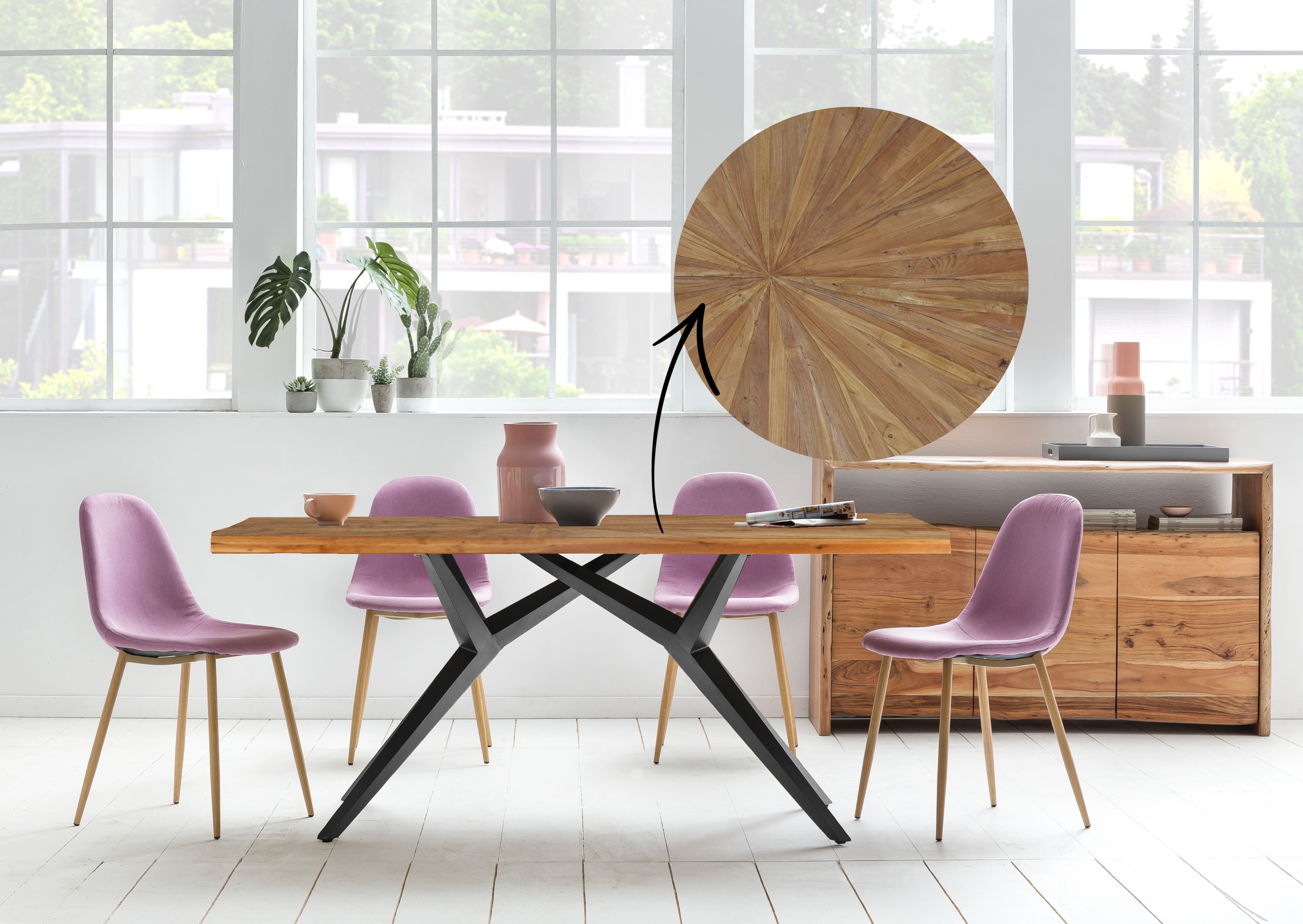 SIT Möbel TABLES & CO Tisch 180x100 cm Platte Teak mit Sonnenmuster, extravagantes schwarzes Gestell