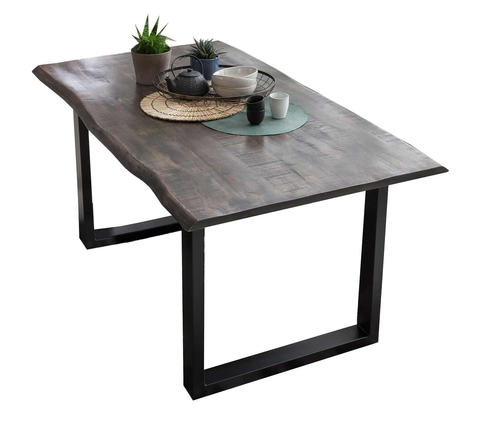 SIT Möbel TABLES & CO Tisch 160x85 cm, Mango grau sägerau, Gestell schwarz mit Baumkante wie gewachsen