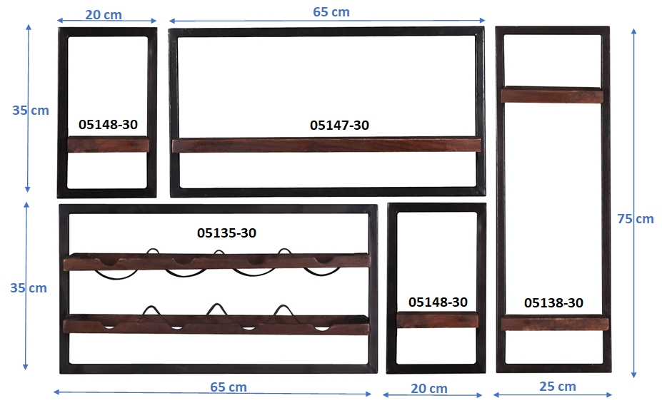 SIT Möbel ALMIRAH Wandregal-Set, 5-teilig 2 schmale, 1 breites, 1 hohes Wandregal und 1 Weinregal