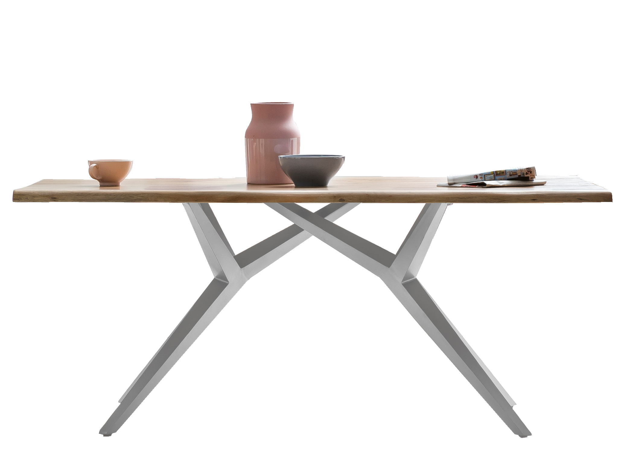 SIT Möbel TABLES & CO Tisch 160x85 cm Platte Akazie 3,6 cm mit Baumkante, extravagantes silbernes Gestell