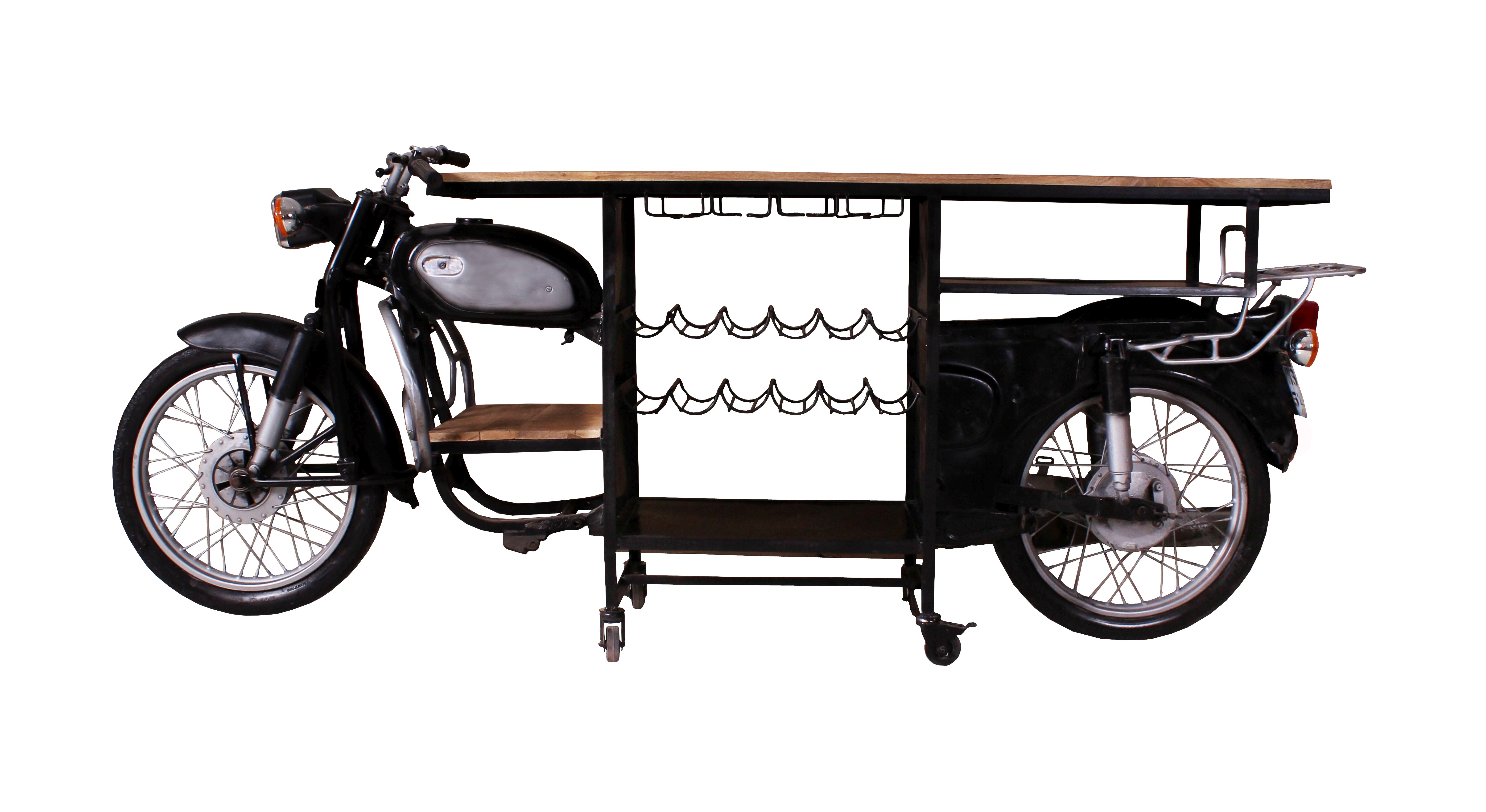 SIT Möbel THIS & THAT Stehtisch aus einem recycelten Rajdoot-Motorrad, mit Ablage für Flaschen und Gläser