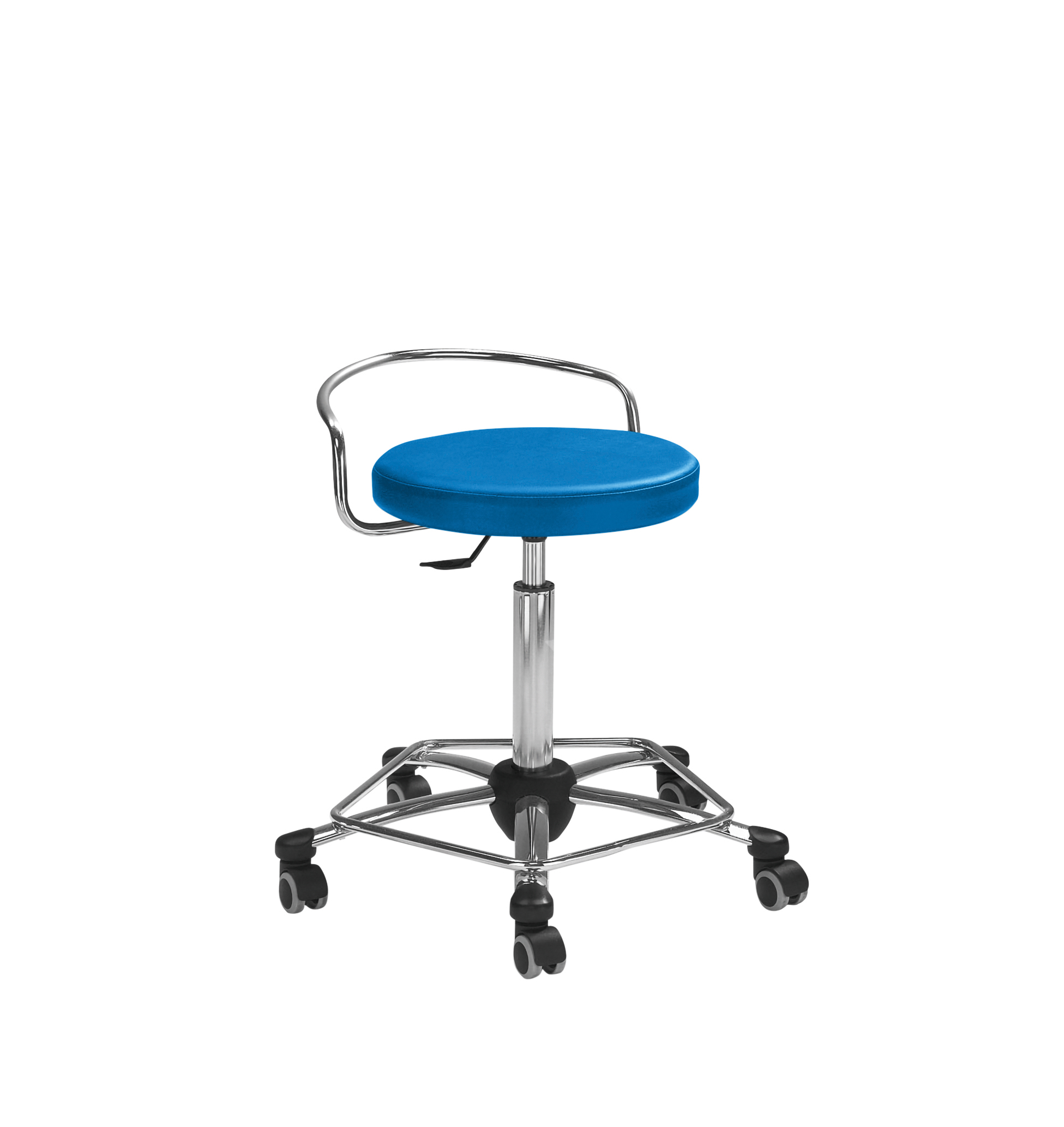 Mayer Sitzmöbel Arbeitsdrehhocker mit Rückenbügel 1254 Karibikblau/Chrom