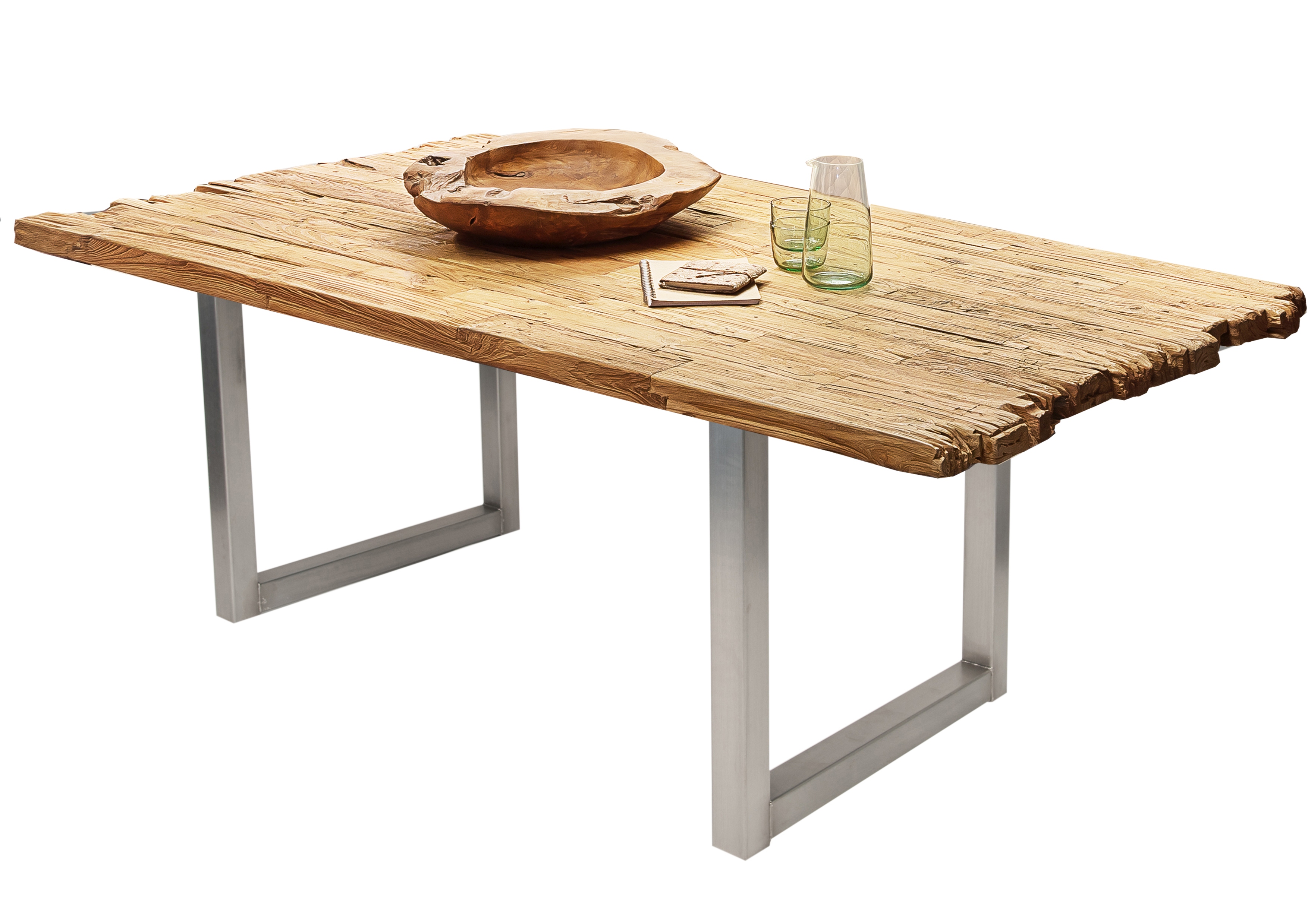 SIT Möbel TABLES & CO Tisch 180x100 cm Platte Teak mit Bruchkante, silbernes Kufen-Gestell