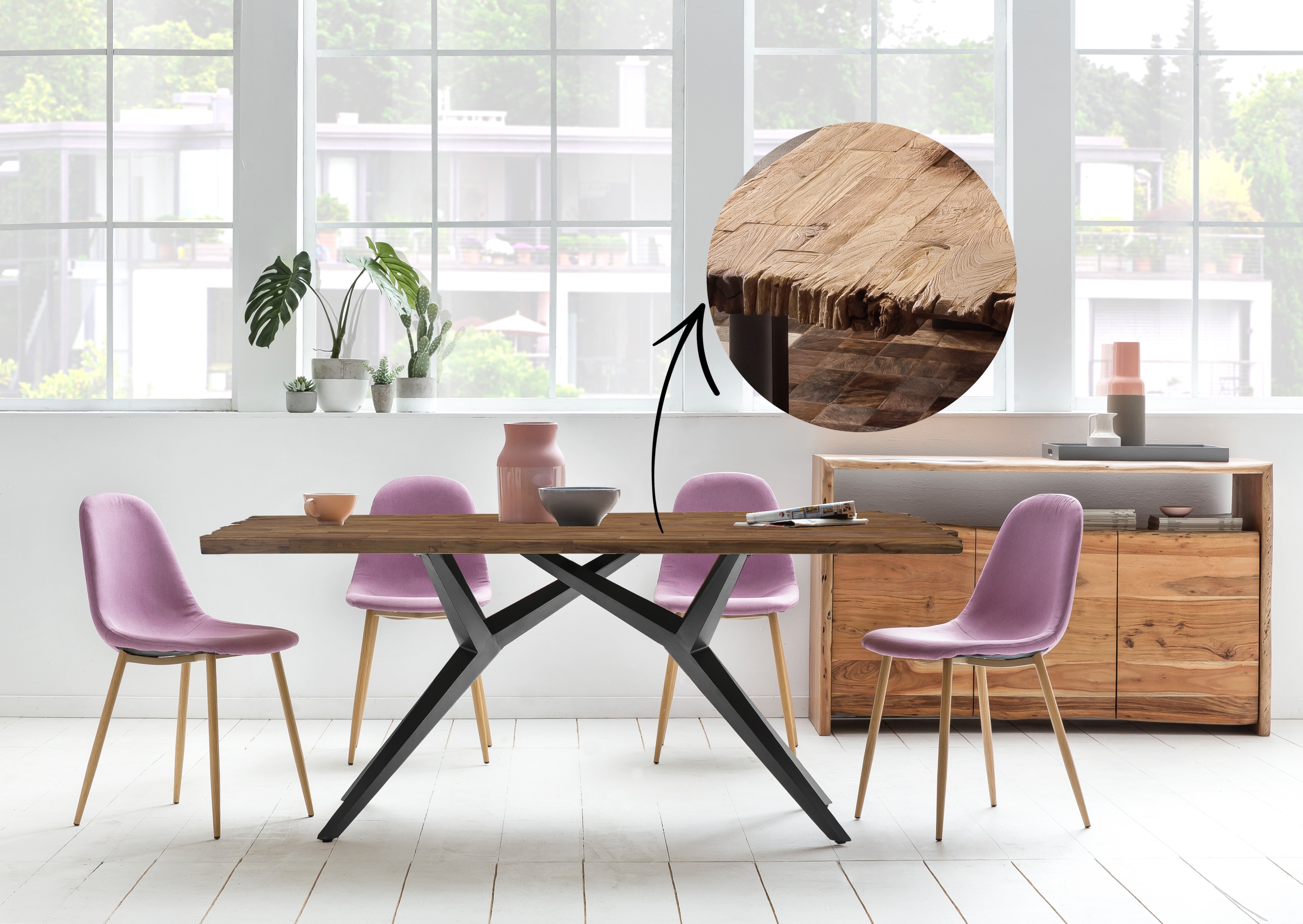 SIT Möbel TABLES & CO Tisch 180x100 cm Platte Teak mit Bruchkante, extravagantes schwarzes Gestell