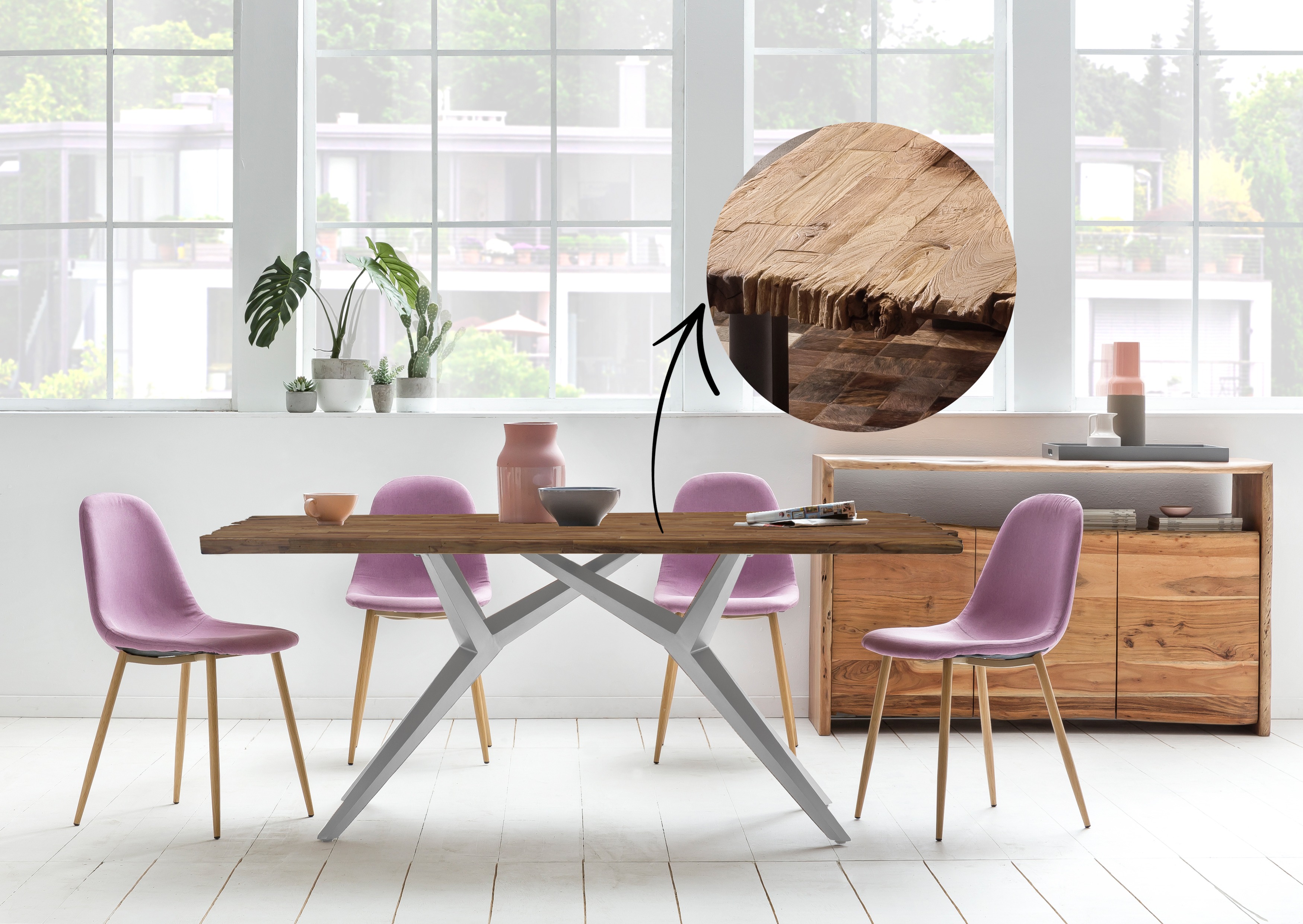 SIT Möbel TABLES & CO Tisch 180x100 cm Platte Teak mit Bruchkante, extravagantes silbernes Gestell