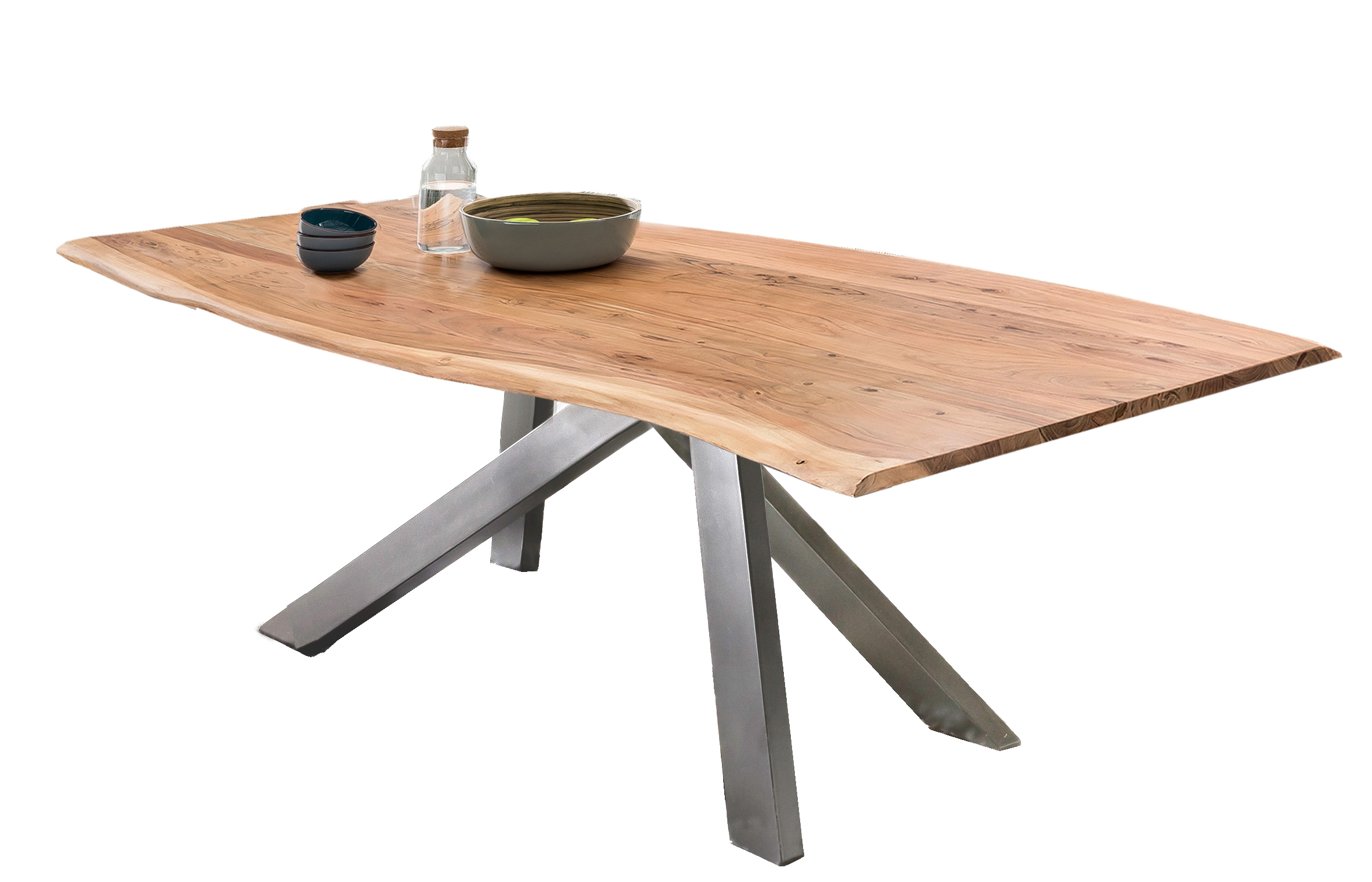 SIT Möbel TABLES & CO Tisch 180x100 cm Platte Akazie massiv, gebeizt, lackiert und gewachst, Gestell Metall antiksilber