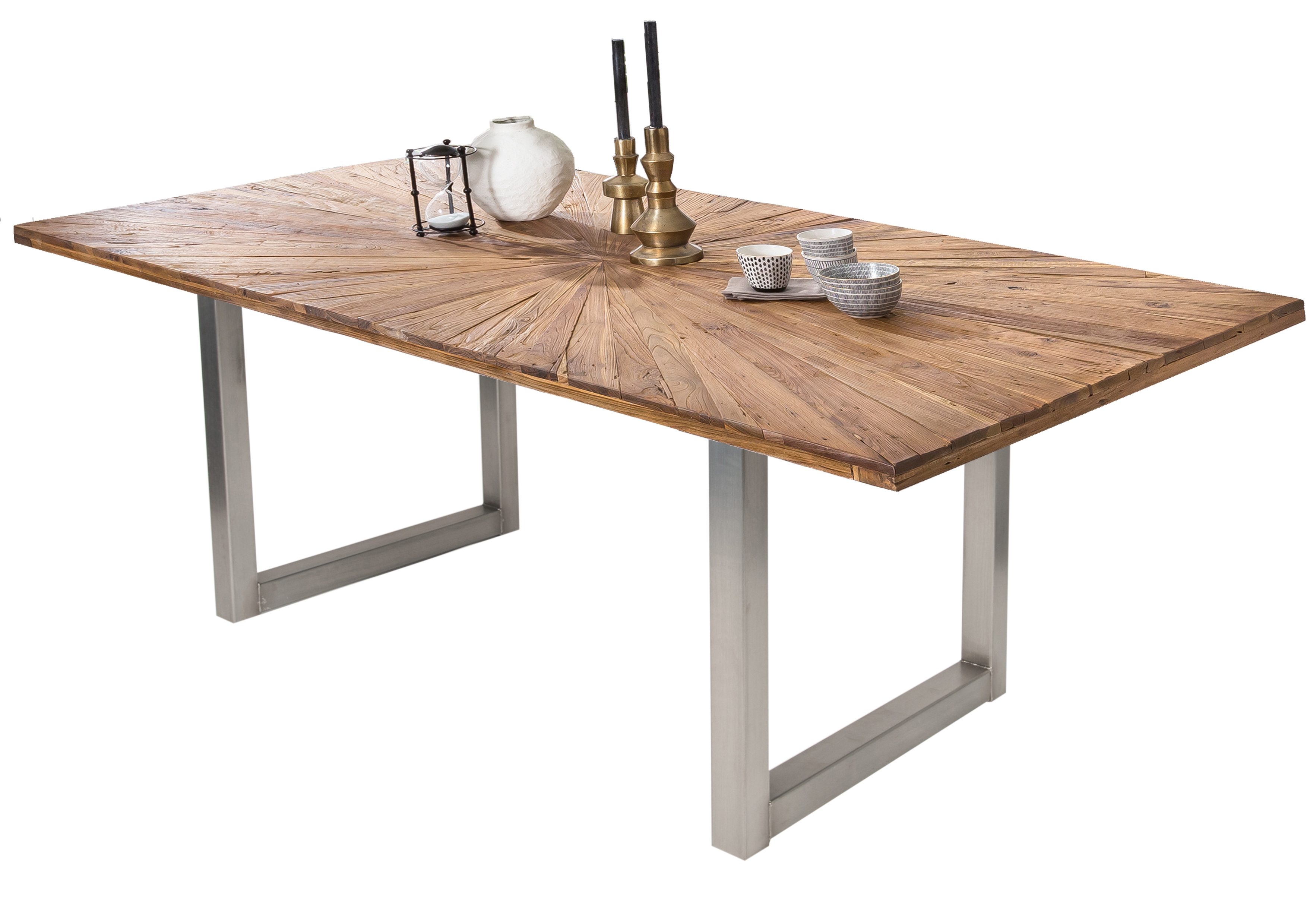 SIT Möbel TABLES & CO Tisch 180x100 cm Platte Teak mit Sonnenmuster, silbernes Kufen-Gestell