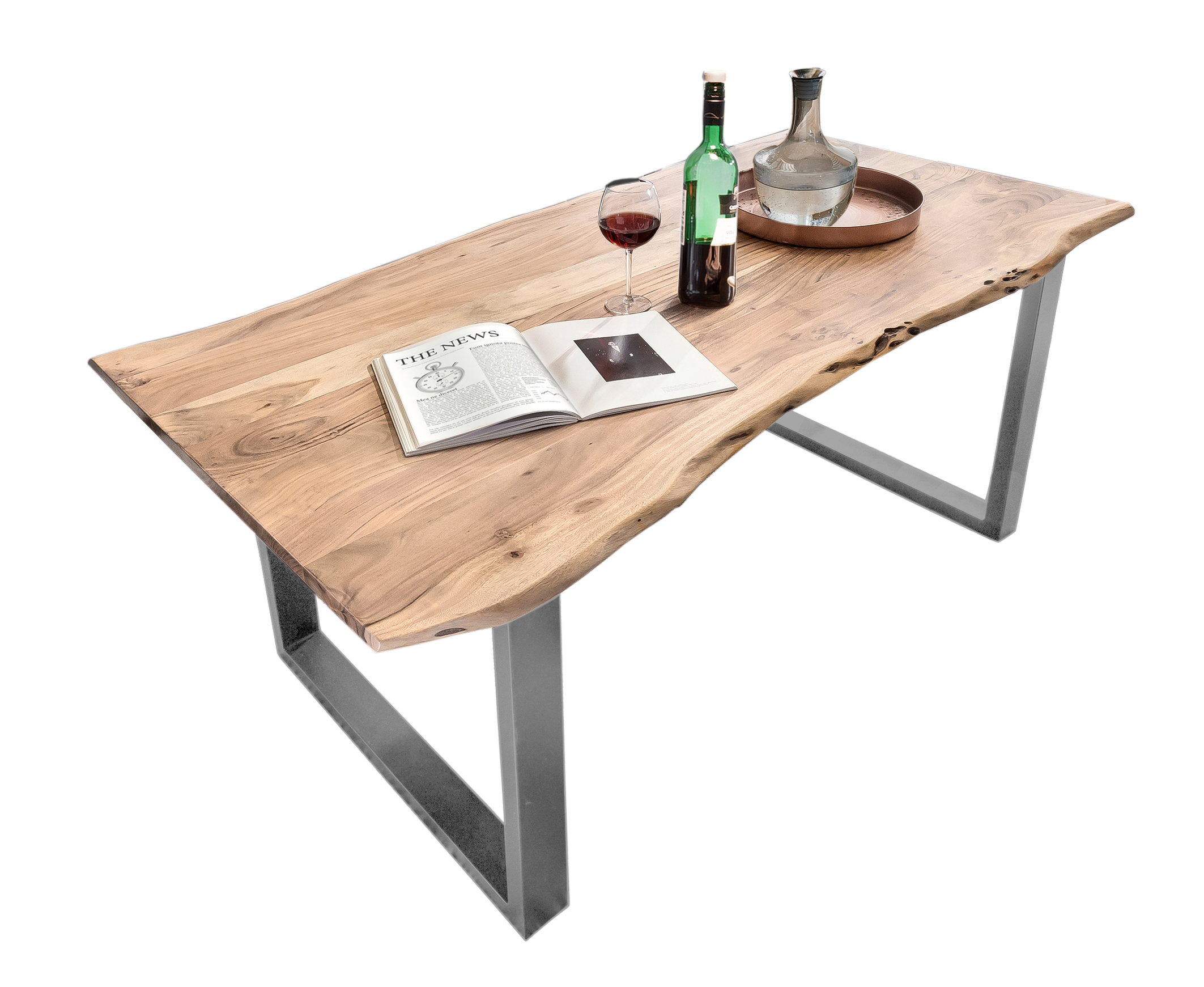 SIT Möbel TABLES & CO Tisch 160x85 cm, Akazie natur, 36 mm Baumkante wie gewachsen, mit silbernem Kufen-Gestell