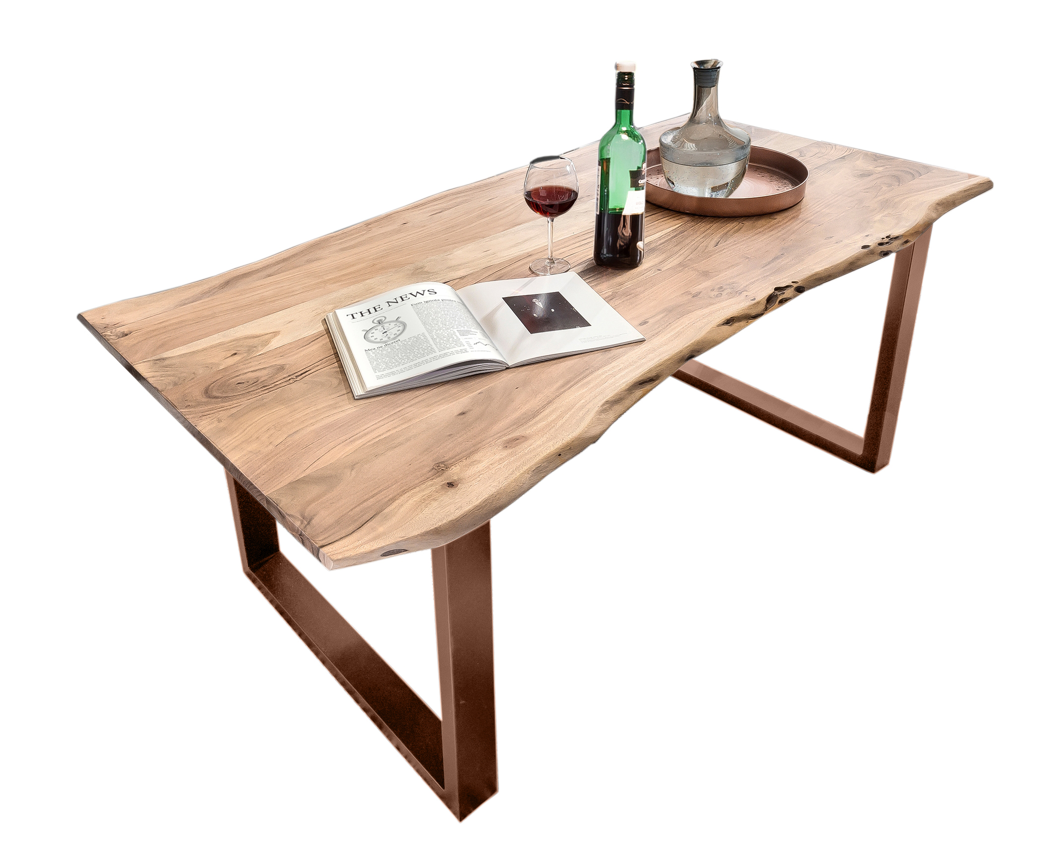 SIT Möbel TABLES & CO Tisch 160x85 cm, Akazie natur, 36 mm Baumkante wie gewachsen, mit braunem Kufen-Gestell