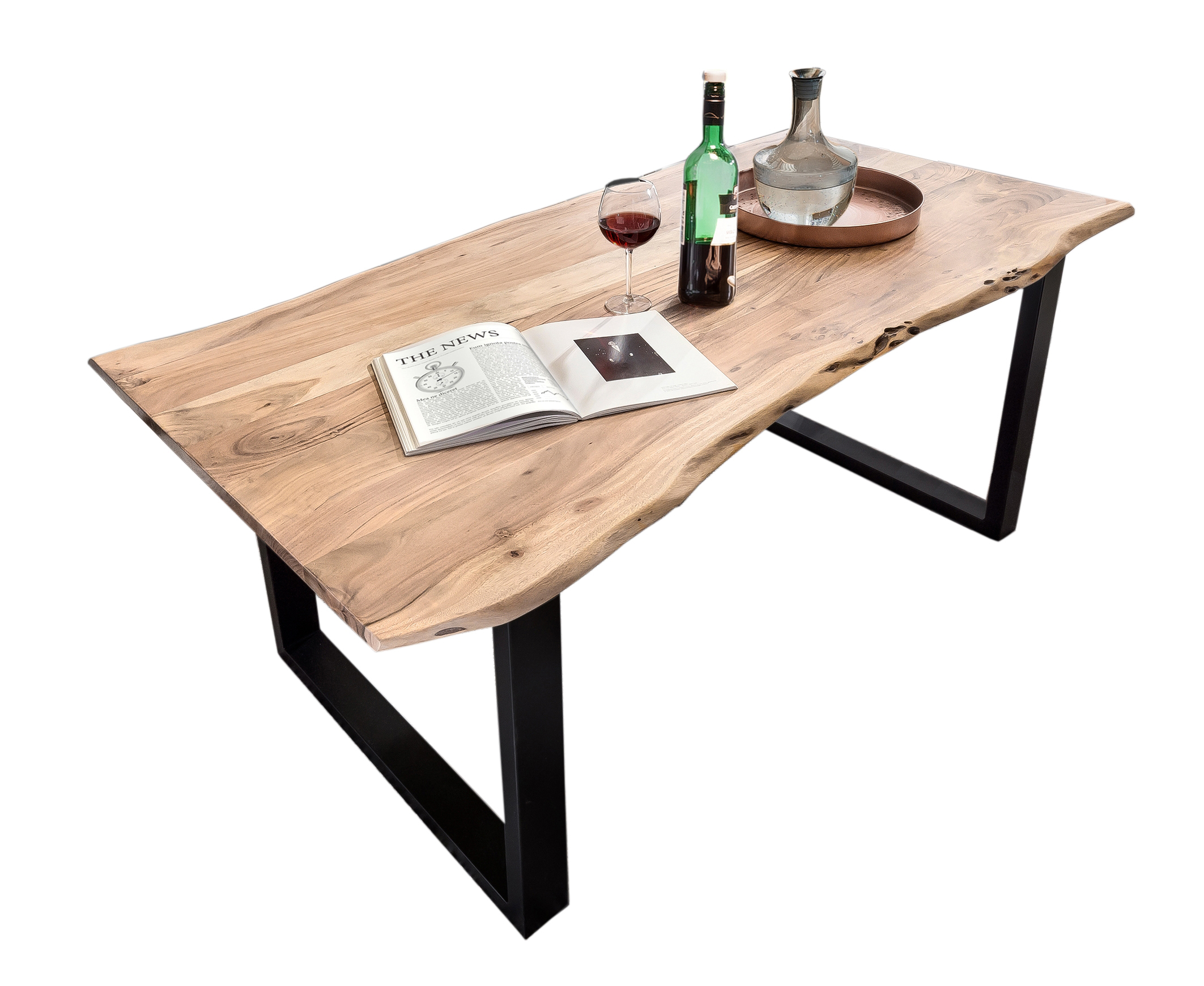 SIT Möbel TABLES & CO Tisch 160x85 cm, Akazie natur, 36 mm Baumkante wie gewachsen, mit schwarzem Kufen-Gestell