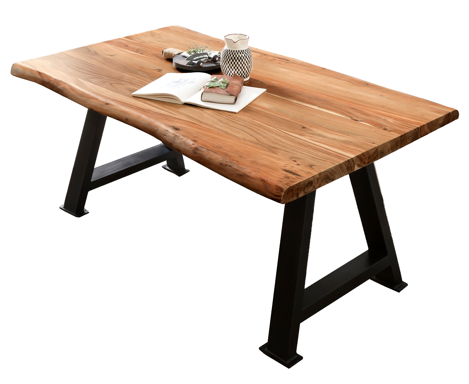 SIT Möbel TABLES & CO Tisch 180x100 cm Platte Akazie 56 mm mit Baumkante, schwarzes A-Gestell
