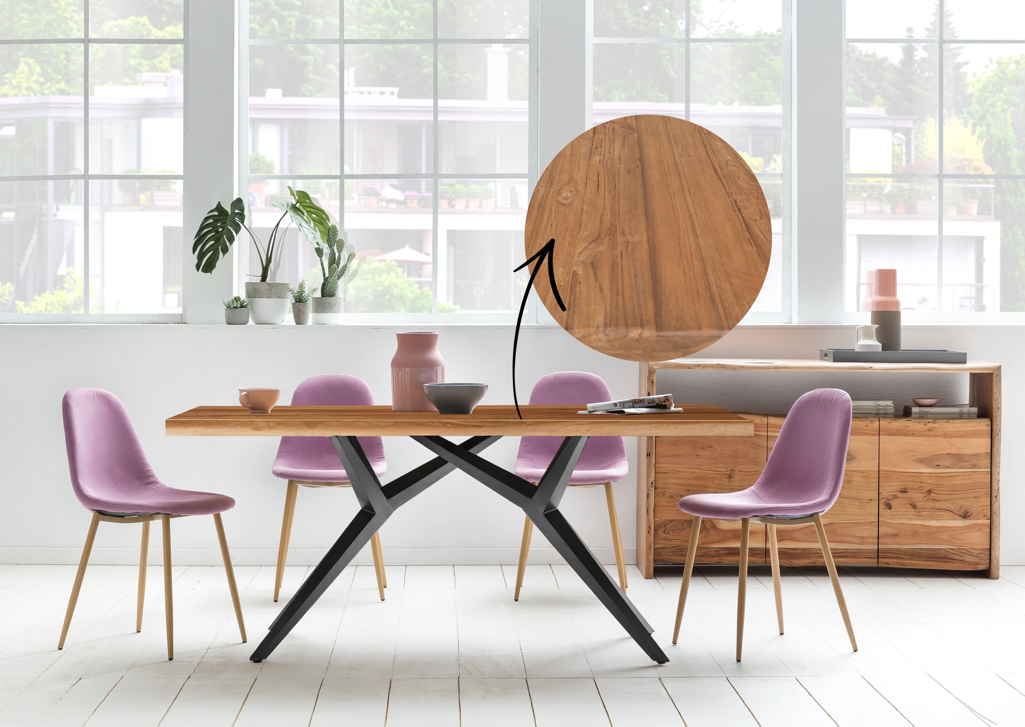 SIT Möbel TABLES & CO Tisch 180x100 cm Platte Teak natur, extravagantes schwarzes Gestell